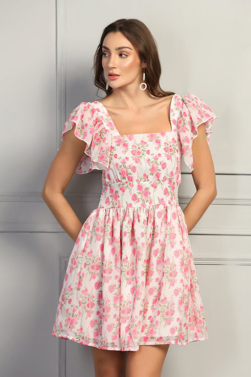 Pink Floral Flutter Sleeve Dress - Starin