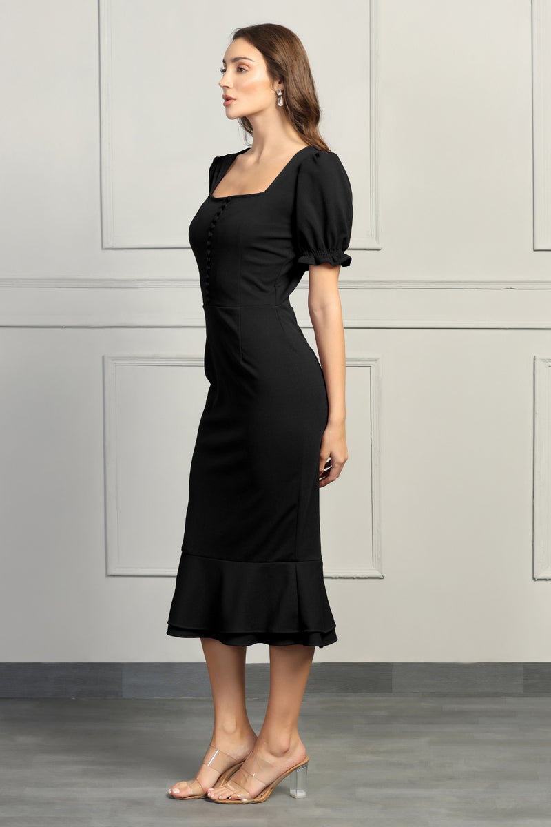 Black Puff Sleeves Dress with Button Detailing - Starin