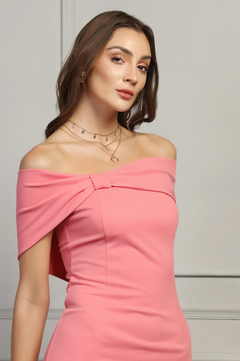 Bardot Bow Detail Midi Dress in Pink - Starin