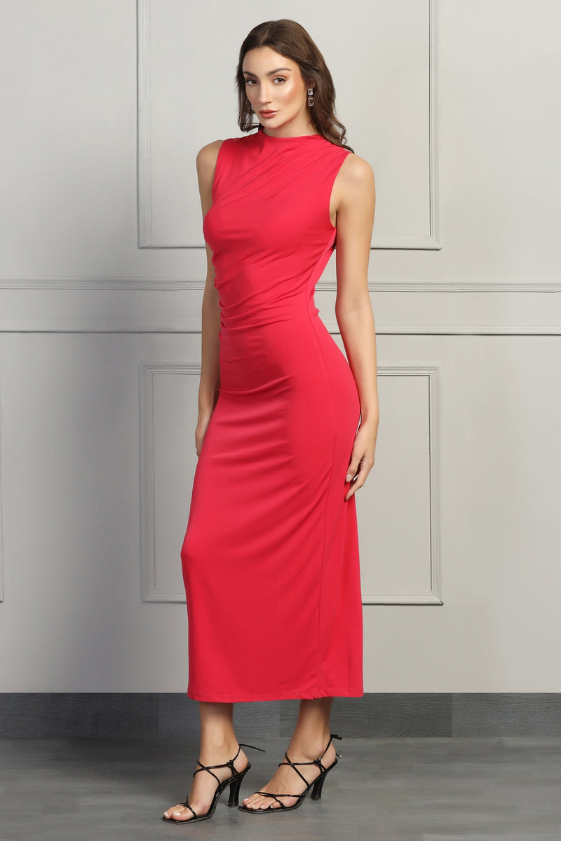 Hot Pink Sleeveless Ruched Dress - Starin