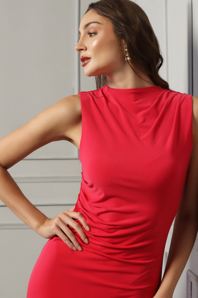 Hot Pink Sleeveless Ruched Dress - Starin